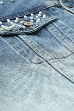 Load image into Gallery viewer, Pearl Detail Distressed Button Up Denim Jacket
