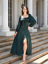 Load image into Gallery viewer, Square Neck Puff Sleeve High Slit Maxi Dress
