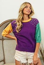 Load image into Gallery viewer, BiBi Color Block Pearl Detail Round Neck Sweater
