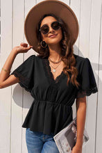 Load image into Gallery viewer, Lace Trim V-Neck Tied Peplum Blouse
