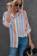 Load image into Gallery viewer, Striped Button-Up Curved Hem Shirt with Breast Pocket
