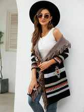 Load image into Gallery viewer, Fringe Geometric Hooded Long Sleeve Cardigan
