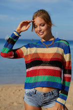 Load image into Gallery viewer, Rainbow Stripe Openwork Long Sleeve Cover-Up
