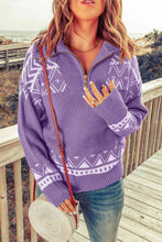 Load image into Gallery viewer, Zip-Up Mock Neck Dropped Shoulder Pullover Sweater
