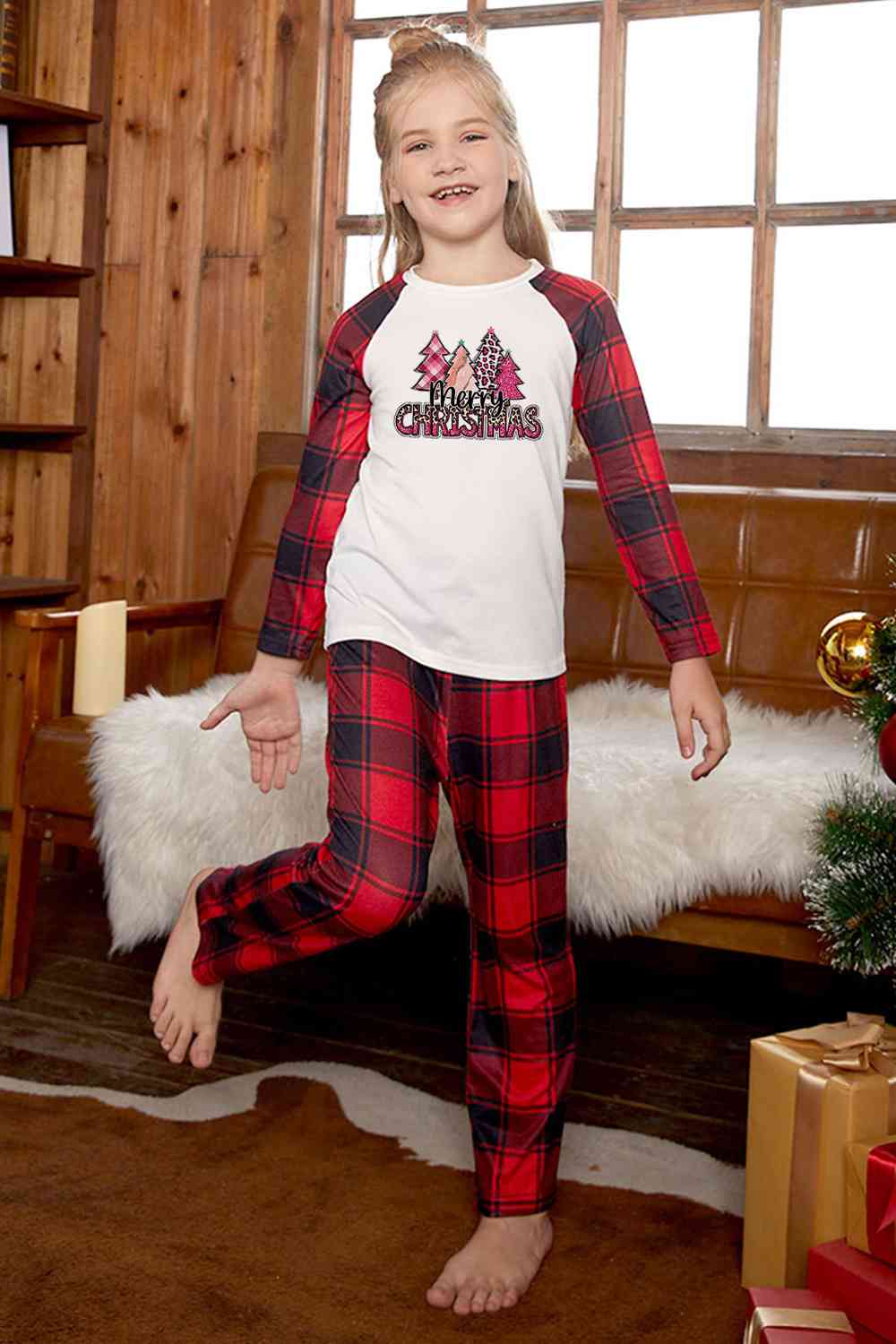 MERRY CHRISTMAS Graphic Top and Plaid Pants Set