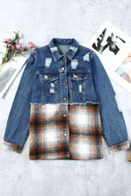 Load image into Gallery viewer, Plaid Distressed Raw Hem Snap Down Denim Jacket
