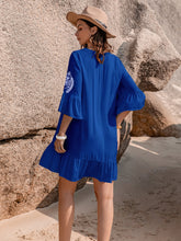 Load image into Gallery viewer, Printed Tie Neck Flounce Sleeve Mini Dress
