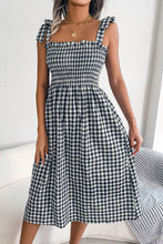 Load image into Gallery viewer, Plaid Tie Shoulder Frill Trim Midi Dress
