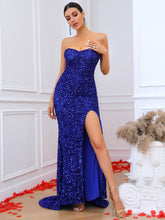 Load image into Gallery viewer, Sequin Zip-Back Strapless Split Floor-Length Dress
