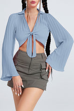 Load image into Gallery viewer, Tie Front Johnny Collar Flare Sleeve Cropped Top
