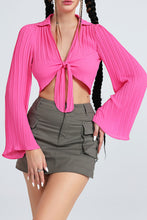 Load image into Gallery viewer, Tie Front Johnny Collar Flare Sleeve Cropped Top
