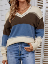 Load image into Gallery viewer, Color Block V-Neck Dropped Shoulder Tunic Sweater

