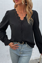 Load image into Gallery viewer, Scalloped Lace Trim Puff Sleeve V-Neck Blouse
