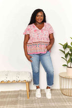 Load image into Gallery viewer, Double Take Bohemian Decorative Button Tie-Neck Peplum Blouse

