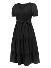 Load image into Gallery viewer, Smocked Tie Front Short Sleeve Tiered Dress
