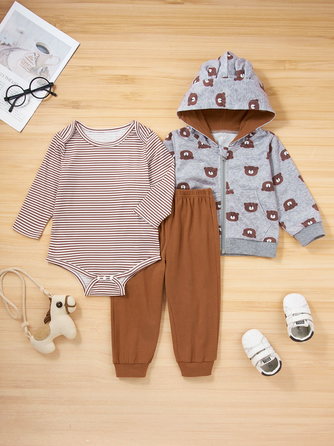 Girls Striped Onesie Solid Pants and Bear Hoodie Set