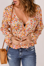 Load image into Gallery viewer, Floral Buttoned Plunge Peplum Blouse
