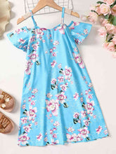 Load image into Gallery viewer, Girls Floral Cold-Shoulder Flutter Sleeve Dress
