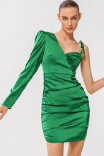 Load image into Gallery viewer, Satin Asymmetrical Neck Ruched Bodycon Dress
