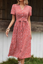 Load image into Gallery viewer, Ditsy Floral Button Front Tied Puff Sleeve Dress
