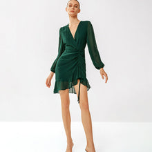 Load image into Gallery viewer, Swiss Dot Ruched Asymmetrical Ruffle Hem Dress
