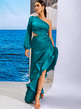 Load image into Gallery viewer, Ruffled Asymmetrical Hem Ruched Split One-Shoulder Dress
