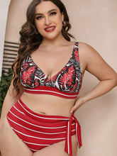 Load image into Gallery viewer, Full Size Botanical Print Striped Bikini Set
