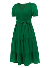 Load image into Gallery viewer, Smocked Tie Front Short Sleeve Tiered Dress

