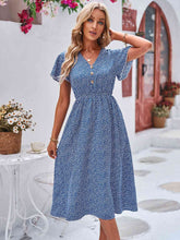 Load image into Gallery viewer, Printed Decorative Button Flutter Sleeve Dress
