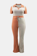 Load image into Gallery viewer, Plus Size Two-Tone Ribbed Top and Drawstring Pants Set
