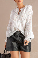 Load image into Gallery viewer, Eyelet Tie-Neck Long Flounce Sleeve Peplum Blouse
