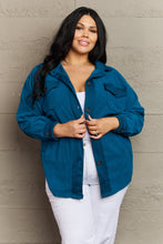 Load image into Gallery viewer, Zenana Cozy in the Cabin Full Size Fleece Elbow Patch Shacket in Teal
