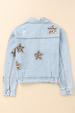 Load image into Gallery viewer, Leopard Star Applique Distressed Denim Jacket
