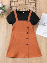 Load image into Gallery viewer, Girls Decorative Button Two-Tone Faux-Two Overall Dress
