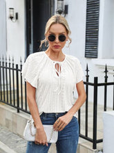 Load image into Gallery viewer, Eyelet Tie Neck Flutter Sleeve Blouse
