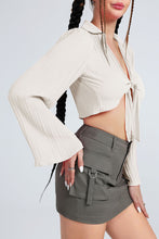 Load image into Gallery viewer, Tie Front Johnny Collar Flare Sleeve Cropped Top
