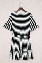 Load image into Gallery viewer, Striped Tie-Waist Frill Trim V-Neck Dress
