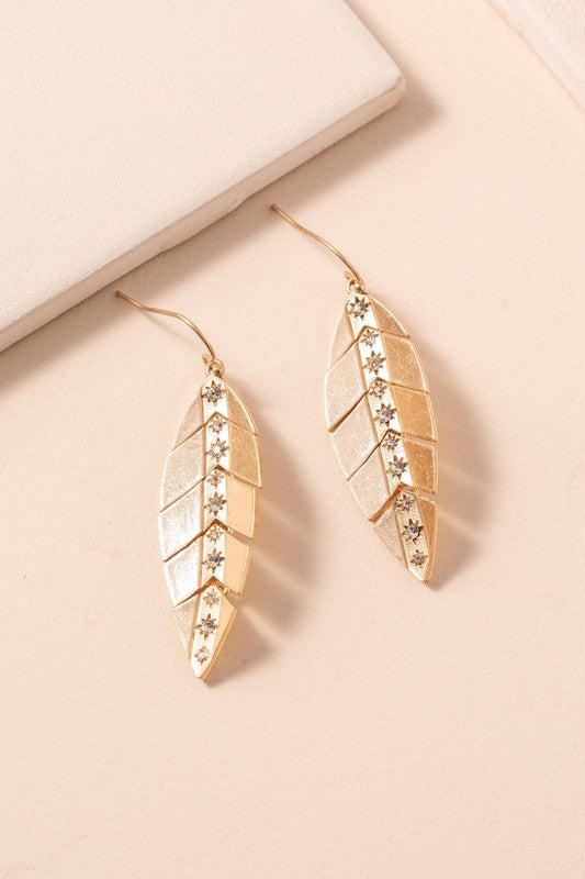 Metal Leaf Rhinestone Dangling Earrings
