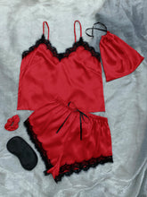 Load image into Gallery viewer, Lace Trim Cami, Shorts, Eye Mask, Scrunchie, and Bag Pajama Set
