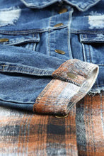 Load image into Gallery viewer, Plaid Distressed Raw Hem Snap Down Denim Jacket
