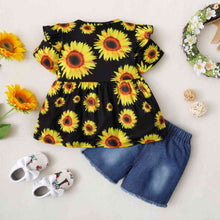 Load image into Gallery viewer, Sunflower Print Top and Distressed Denim Shorts Set
