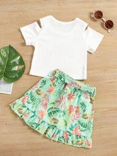 Load image into Gallery viewer, Girls Graphic Cold-Shoulder Ribbed Top and Botanical Print Skirt Set
