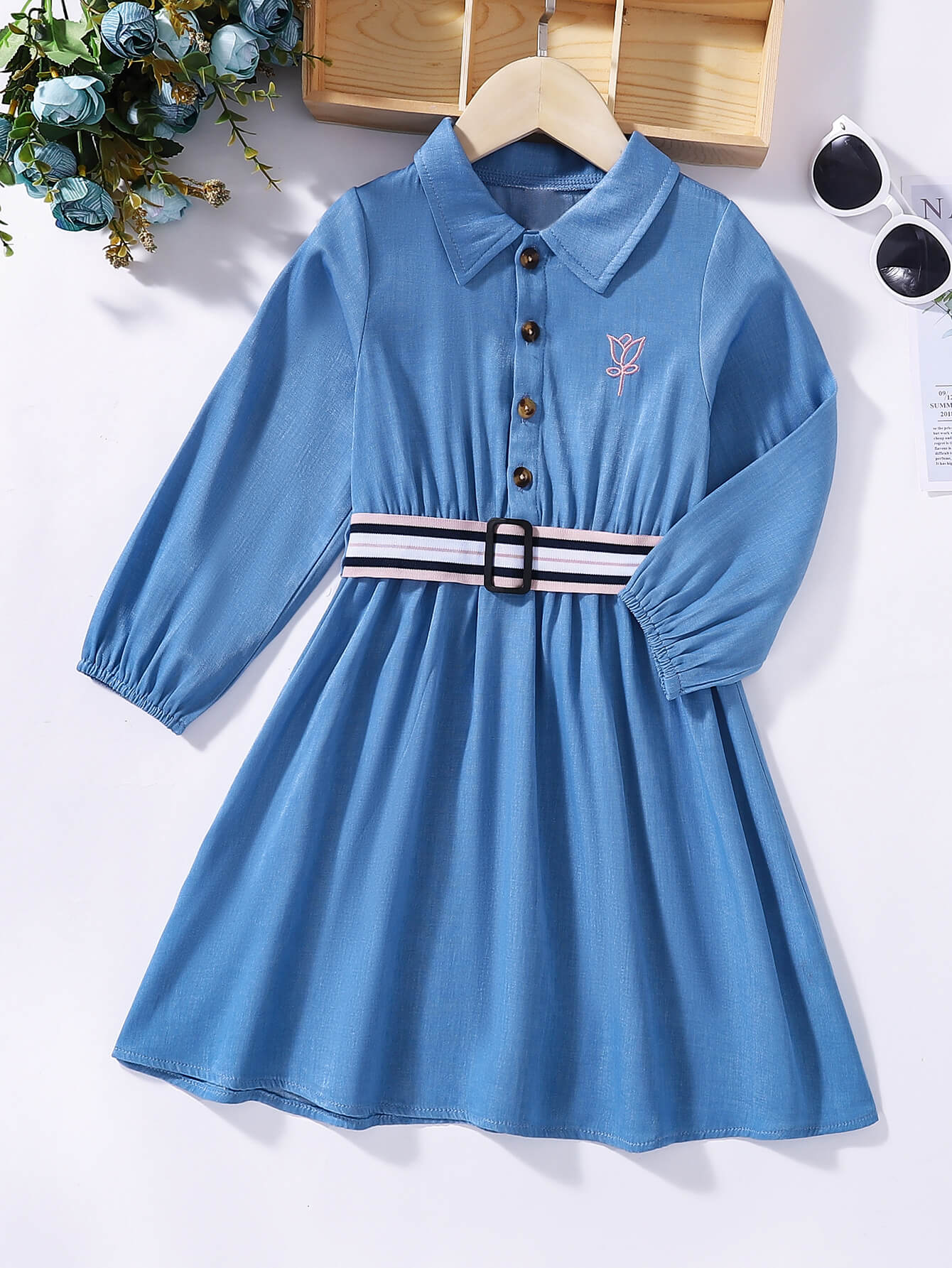 Girls Embroidered Balloon Sleeve Belted Shirt Dress