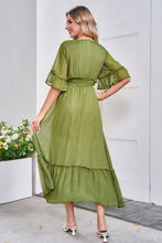 Load image into Gallery viewer, V-Neck Flounce Sleeve Smocked Waist High Slit Dress
