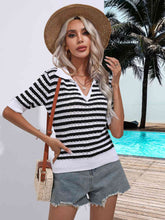 Load image into Gallery viewer, Striped Johnny Collar Half Sleeve Knit Top
