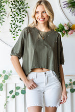 Load image into Gallery viewer, Distressed Asymmetric Hem Cropped Tee Shirt
