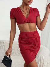 Load image into Gallery viewer, Twisted Deep V Cropped Top and Ruched Skirt Set
