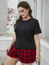 Load image into Gallery viewer, Plus Size Round Neck Tee Shirt and Plaid Shorts Lounge Set
