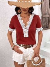 Load image into Gallery viewer, Decorative Button Spliced Lace Short Sleeve Top
