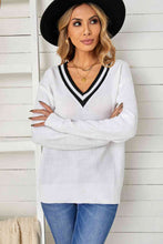 Load image into Gallery viewer, Contrast Detail V-Neck Dropped Shoulder Knit Pullover
